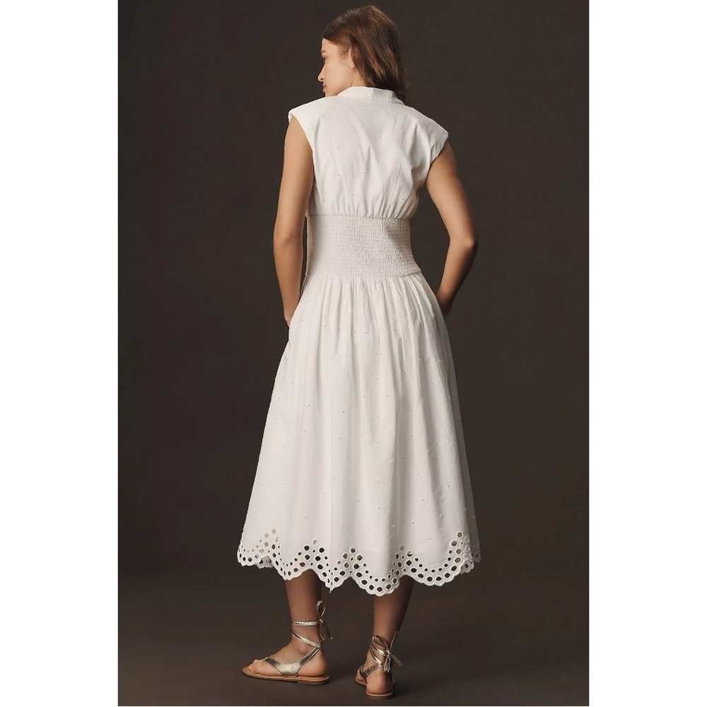 Anthropologie Maeve The Tommie Smocked Shirt Dress Eyelet Trim Zip Front Large - Picture 5 of 11